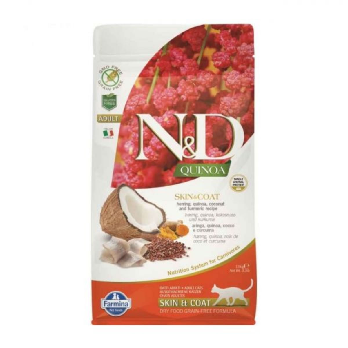 N&D Quinoa Skin&Coat, Hering, hrană uscată fără cereale pisici, piele & blană, 5kg - 1 | YEO