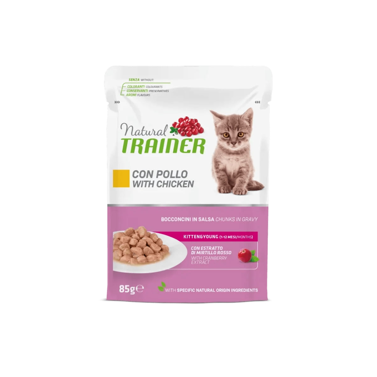 NATURAL TRAINER Kitten & Young, Pui, plic hrană umedă pisici junior, (în sos), 85g