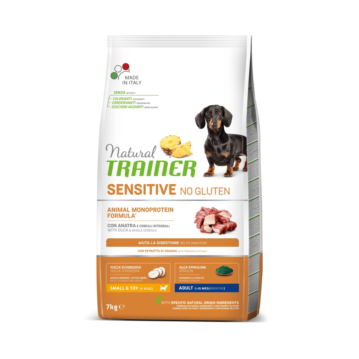 NATURAL TRAINER Sensitive No Gluten, XS-S, Rață, hrană uscată monoproteică câini, sistem digestiv, 7kg