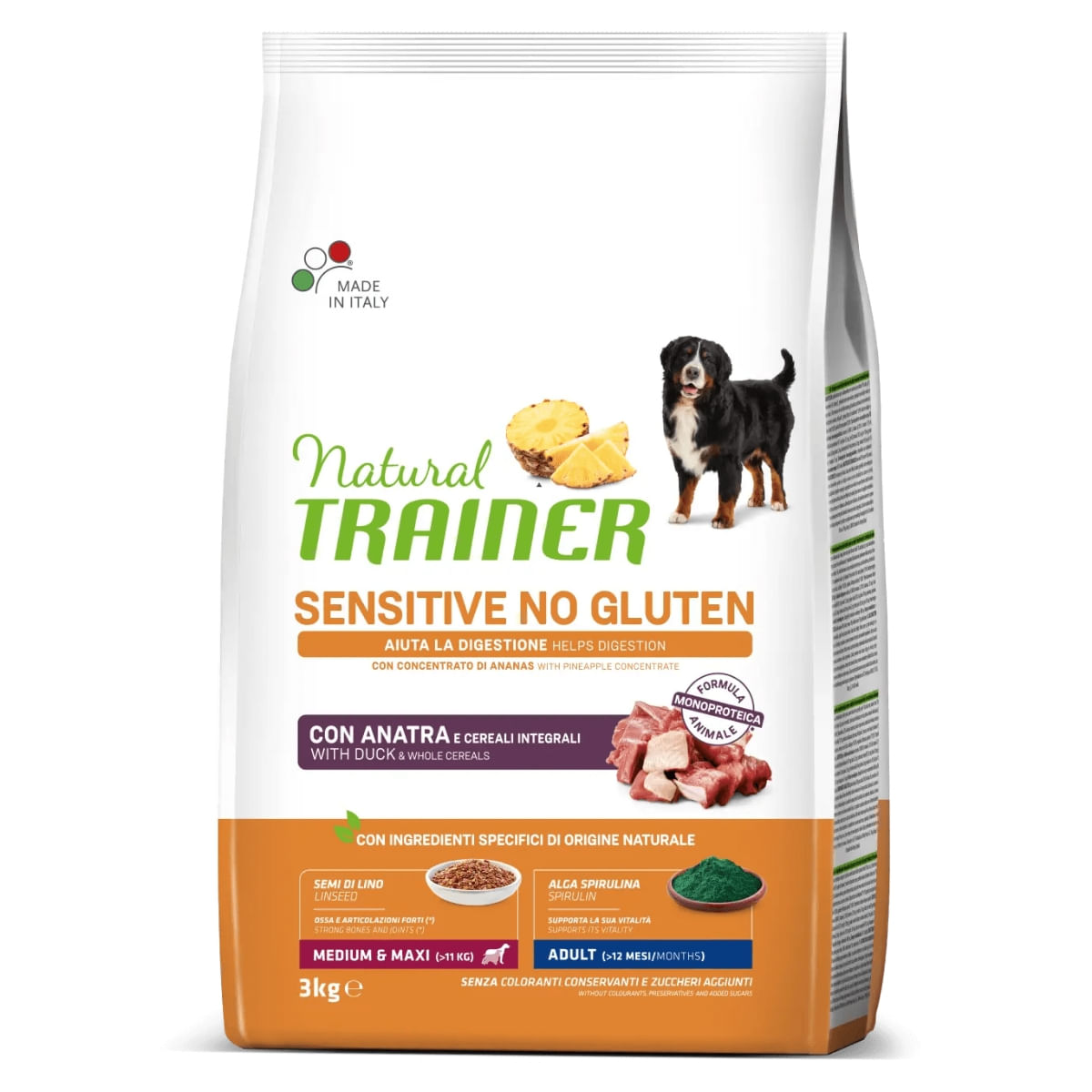 NATURAL TRAINER Sensitive No Gluten, M-XL, Rață, hrană uscată monoproteică câini, sistem digestiv, 3kg