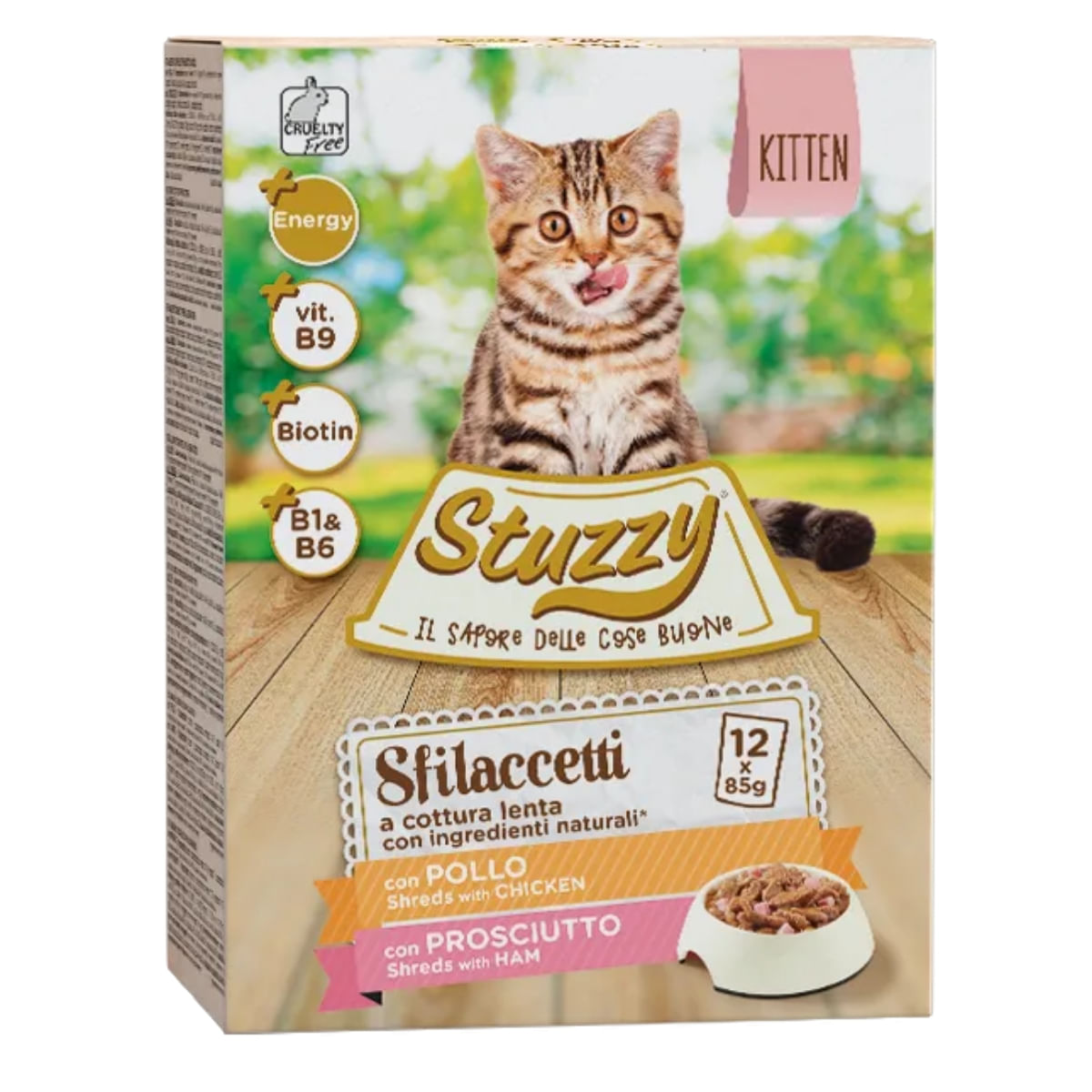 STUZZY Shreds Pack Kitten, Pui și Șuncă, plic hrană umedă pisici junior, (în sos), multipack, 85g x 12buc - 1 | YEO