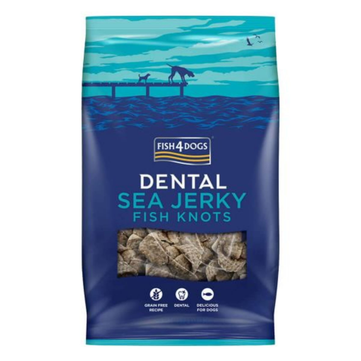 FISH4DOGS Dental Sea Jerky Fish Knots, XS-XL, Pește, punguță recompense fără cereale câini, deshidratat, 100g