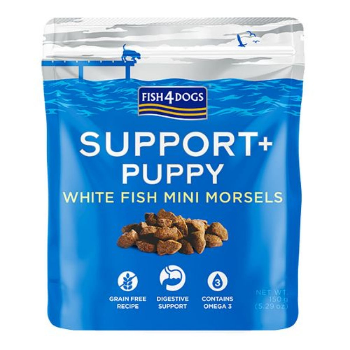 FISH4DOGS Support+ Puppy Digestion, XS-XL, Pește alb, punguță recompense funcționale fără cereale câini junior, sistem digestiv, 150g