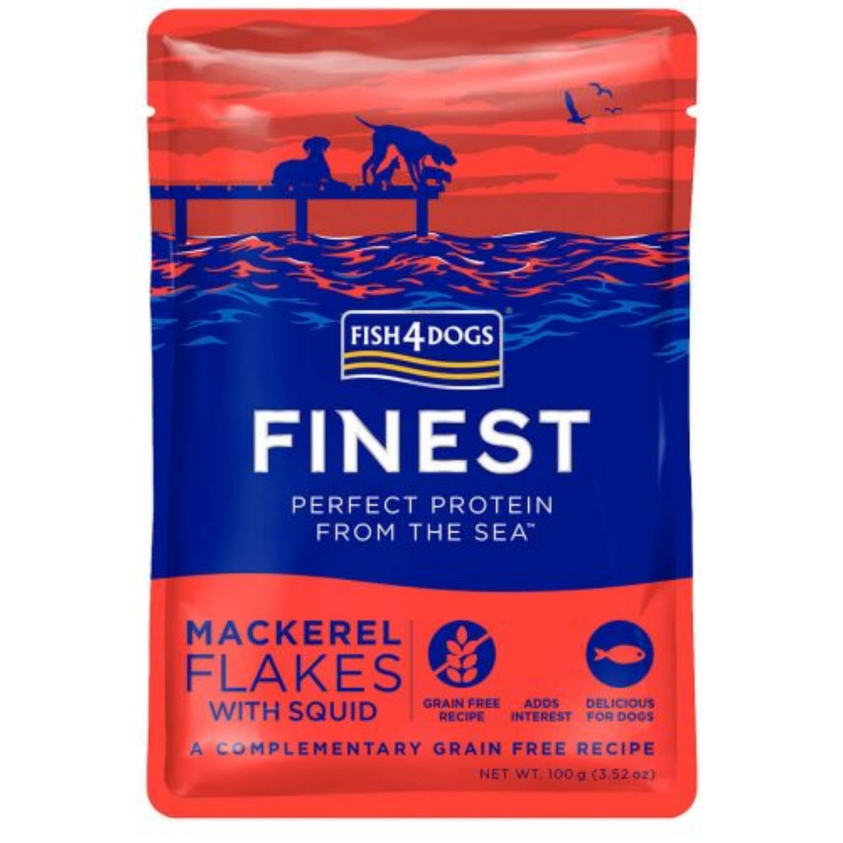 FISH4DOGS Finest, XS-XL, Macrou și Calamar, plic hrană umedă fără cereale câini, (în suc propriu), 100g - 2 | YEO