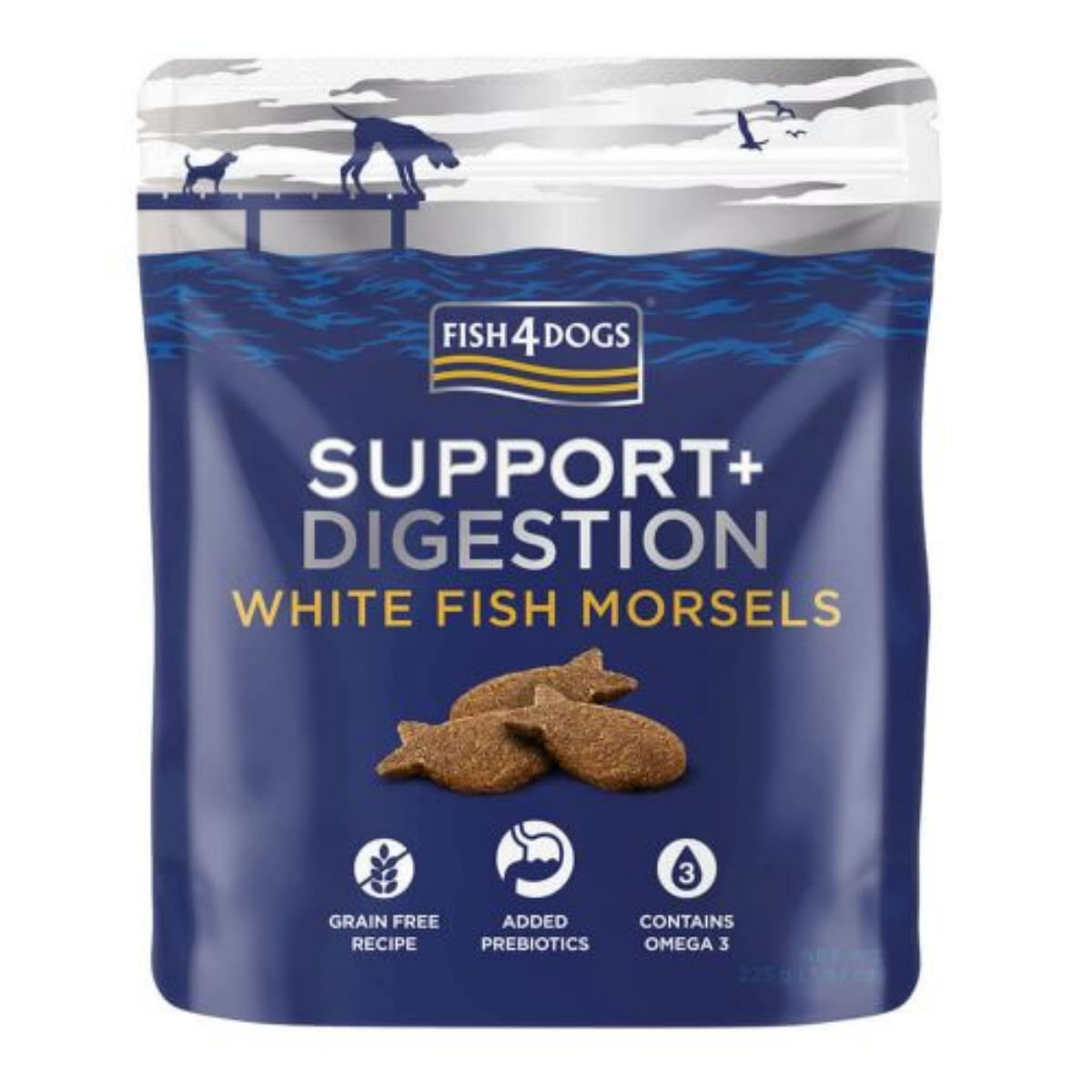 FISH4DOGS Support+ Digestion, XS-XL, Pește alb, punguță recompense funcționale fără cereale câini, sistem digestiv, 225g - 2 | YEO