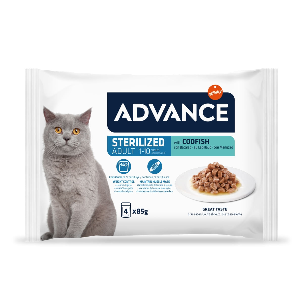 ADVANCE Sterilised, Cod, hrană umedă pisici sterilizate, (în sos) ADVANCE Sterilised, Cod, plic hrană umedă pisici sterilizate, (în sos), multipack, 85g x 4buc - 1 | YEO