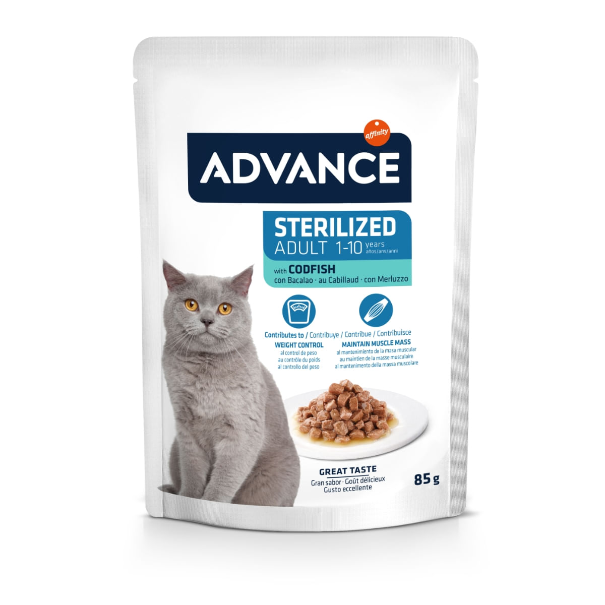 ADVANCE Sterilised, Cod, hrană umedă pisici sterilizate, (în sos) ADVANCE Sterilised, Cod, plic hrană umedă pisici sterilizate, (în sos), bax, 85g x 12buc - 1 | YEO