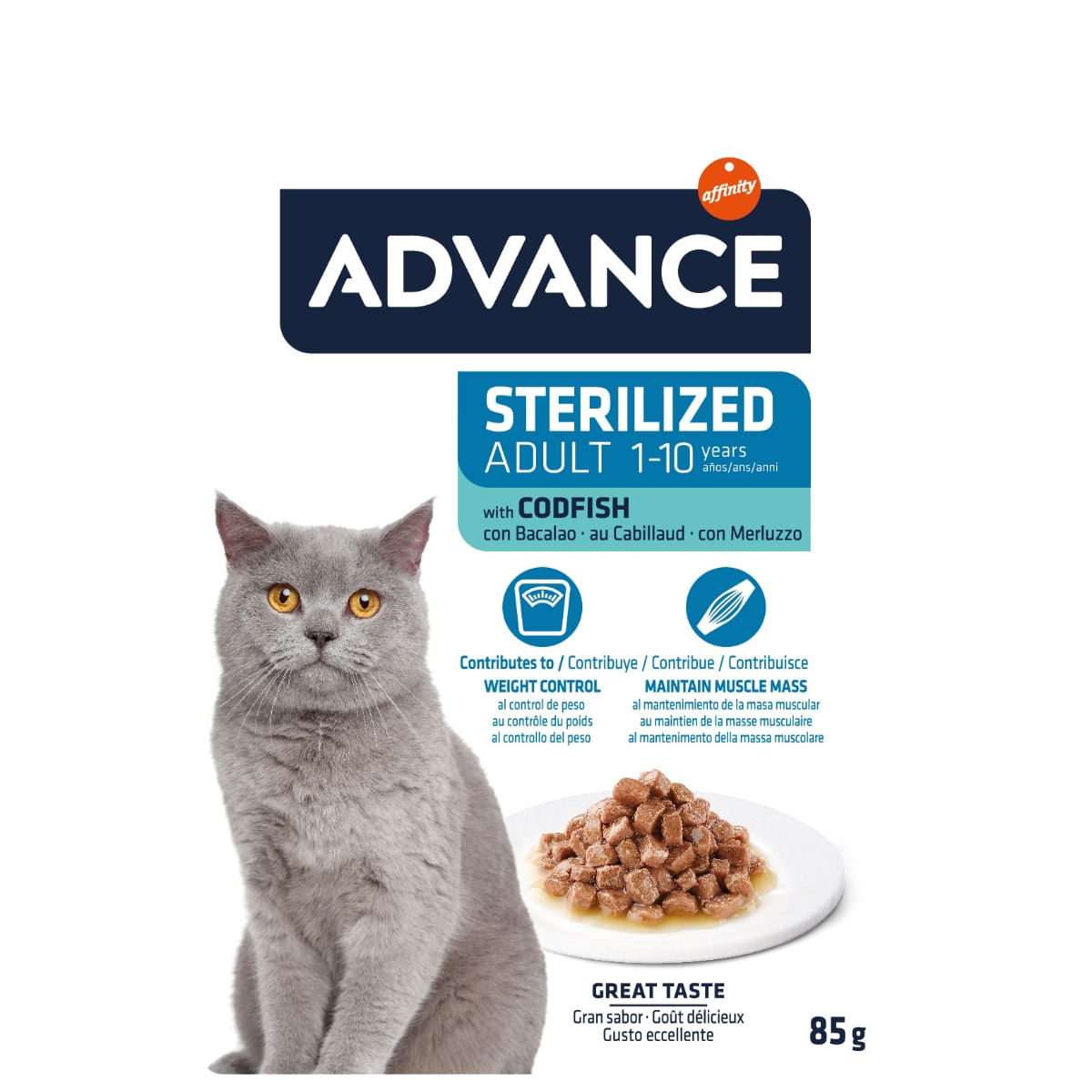 ADVANCE Sterilised, Cod, hrană umedă pisici sterilizate, (în sos) ADVANCE Sterilised, Cod, plic hrană umedă pisici sterilizate, (în sos), bax, 85g x 12buc