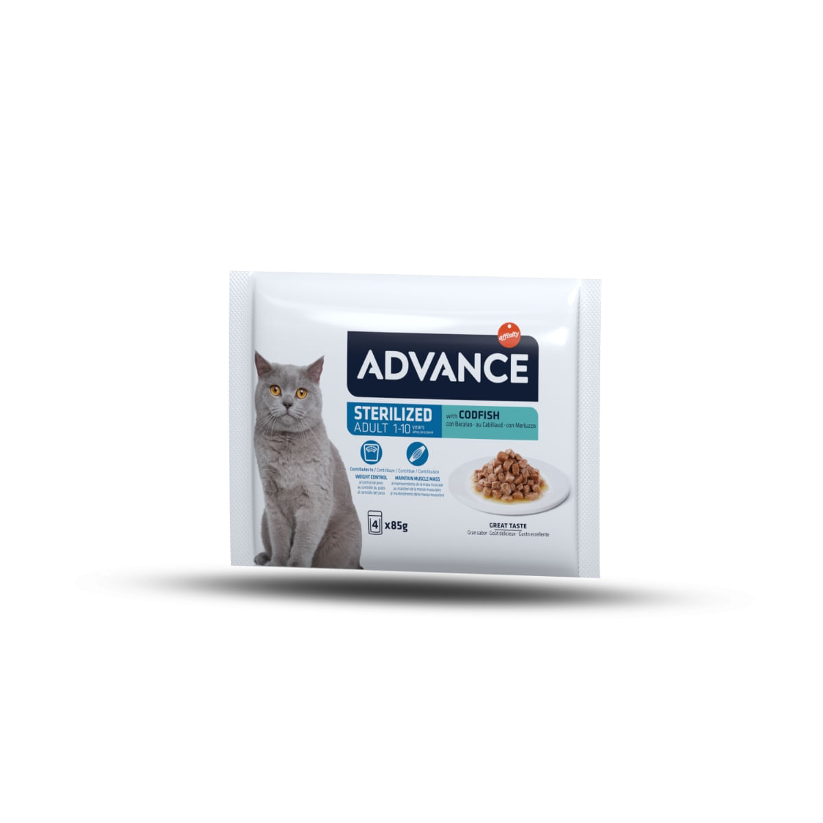 ADVANCE Sterilised, Cod, hrană umedă pisici sterilizate, (în sos) ADVANCE Sterilised, Cod, plic hrană umedă pisici sterilizate, (în sos), multipack, 85g x 4buc