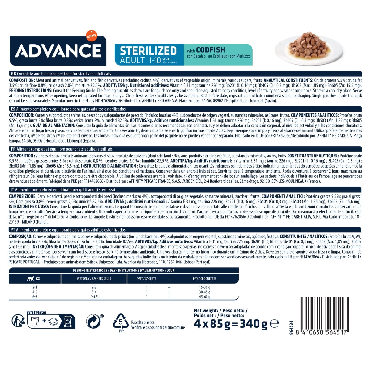 ADVANCE Sterilised, Cod, hrană umedă pisici sterilizate, (în sos) ADVANCE Sterilised, Cod, plic hrană umedă pisici sterilizate, (în sos), multipack, 85g x 4buc