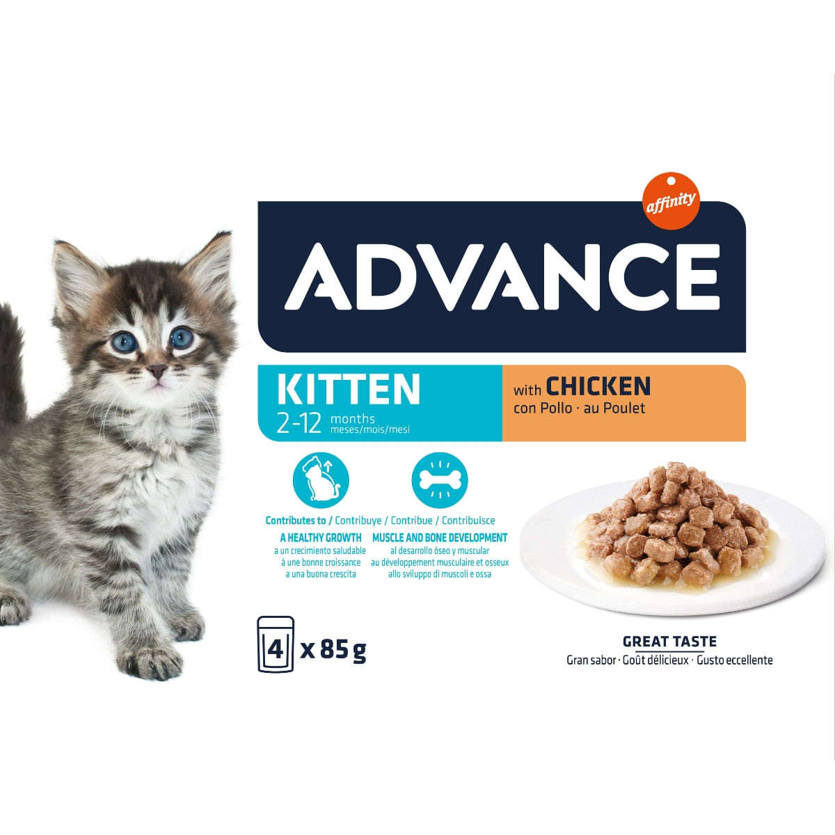 ADVANCE Kitten, Pui, hrană umedă pisici junior, (în sos) ADVANCE Kitten, Pui, plic hrană umedă pisici junior, (în sos), multipack, 85g x 4buc - 1 | YEO