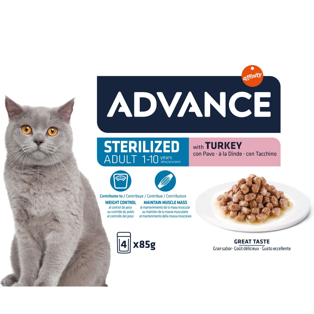 ADVANCE Sterilised, Curcan, hrană umedă pisici sterilizate, (în sos) ADVANCE Sterilised, Curcan, plic hrană umedă pisici sterilizate, (în sos), multipack, 85g x 4buc - 1 | YEO