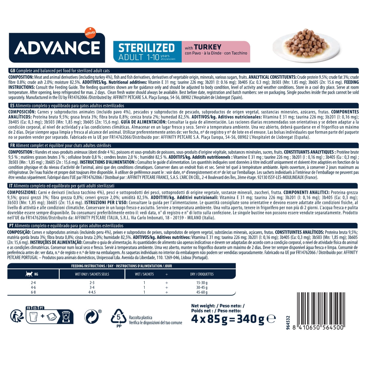 ADVANCE Sterilised, Curcan, hrană umedă pisici sterilizate, (în sos) ADVANCE Sterilised, Curcan, plic hrană umedă pisici sterilizate, (în sos), multipack, 85g x 4buc