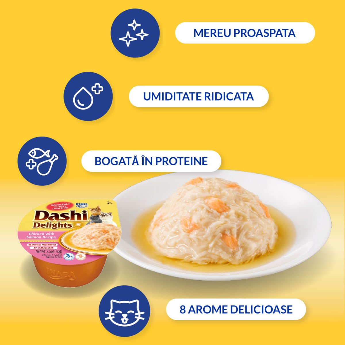 INABA Ciao Dashi, Pui, Ton și Somon, bol hrană umedă fără cereale pisici, (în sos), 70g