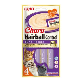 INABA Churu Hairball Control, Ton, plic, tub recompense fără cereale pisici, limitarea ghemurilor de blană, (piure), 56g
