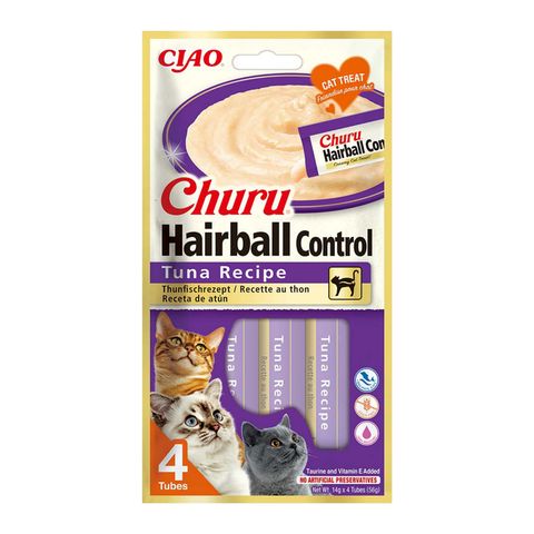 INABA Churu Hairball Control, Ton, plic, tub recompense fără cereale pisici, limitarea ghemurilor de blană, (piure), 56g