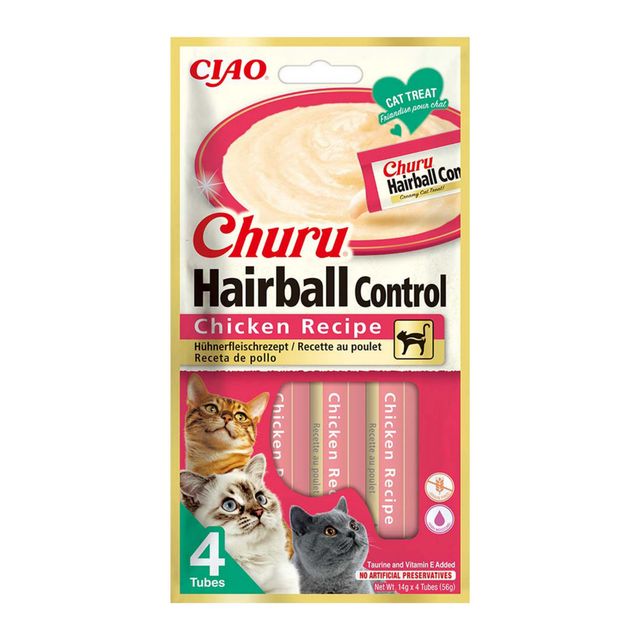 INABA Churu Hairball Control, Pui, plic, tub recompense fără cereale pisici, limitarea ghemurilor de blană, (piure), 56g