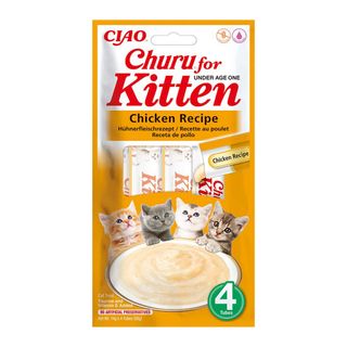 INABA Churu Kitten, Pui, plic, tub recompense fără cereale pisici junior, (piure), 56g