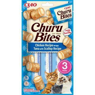 INABA Churu Bites, Pui, Ton și Scoici, punguță, plic recompense fără cereale pisici, semimoist, 30g