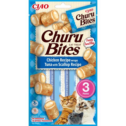 INABA Churu Bites, Pui, Ton și Scoici, punguță, plic recompense fără cereale pisici, semimoist, 30g