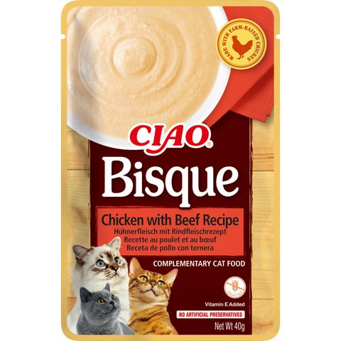 INABA Ciao Bisque, Pui și Vită, plic recompense fără cereale pisici, (piure), 40g