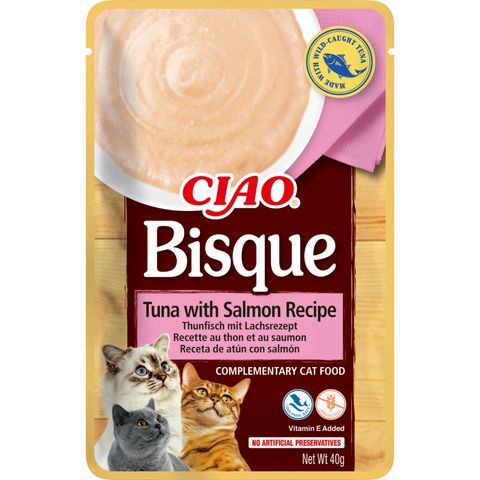 INABA Churu Bisque, Ton și Somon, plic recompense fără cereale pisici, (piure), 40g