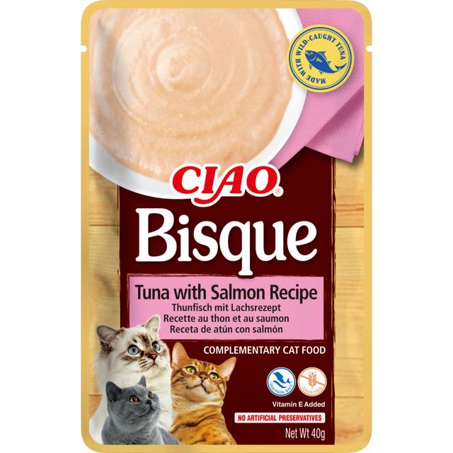 INABA Churu Bisque, Ton și Somon, plic recompense fără cereale pisici, (piure), 40g