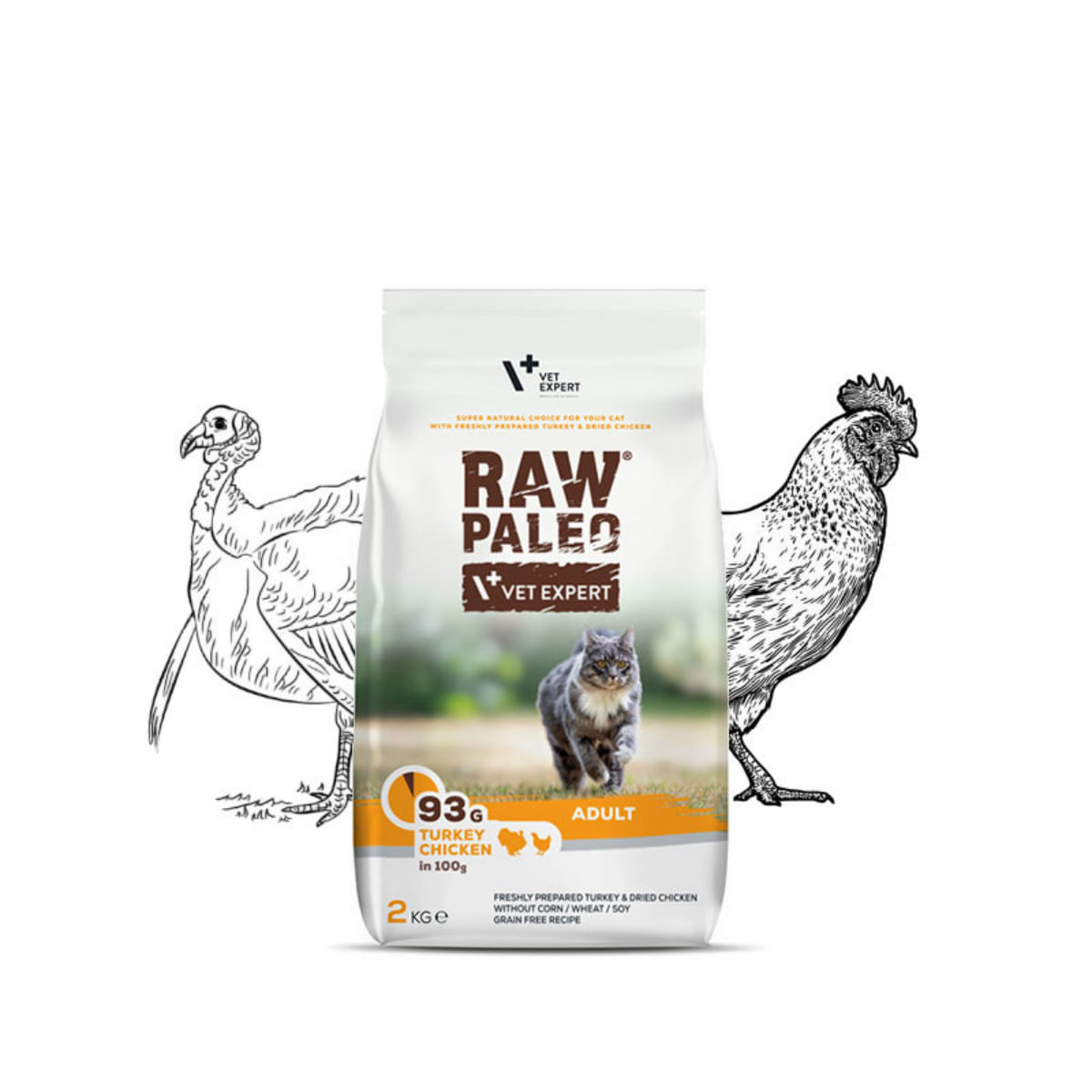 RAW PALEO, Curcan și Pui, hrană uscată fără cereale pisici, 2kg