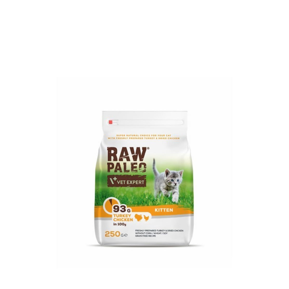 RAW PALEO Kitten, Curcan și Pui, hrană uscată fără cereale pisici junior, 250g