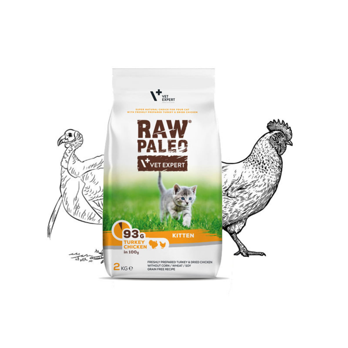 RAW PALEO Kitten, Curcan și Pui, hrană uscată fără cereale pisici junior, 2kg