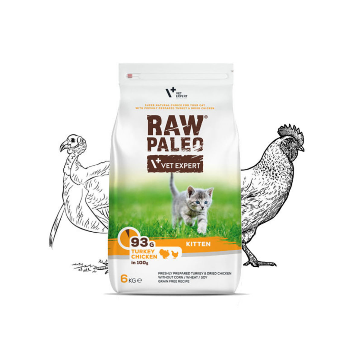 RAW PALEO Kitten, Curcan și Pui, hrană uscată fără cereale pisici junior, 6kg