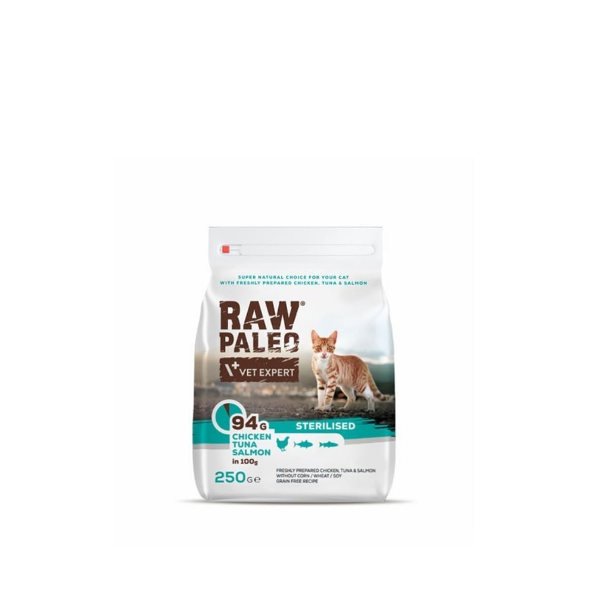 RAW PALEO Sterilised Pui, Ton și Somon, hrană uscată fără cereale pisici sterilizate, 250g