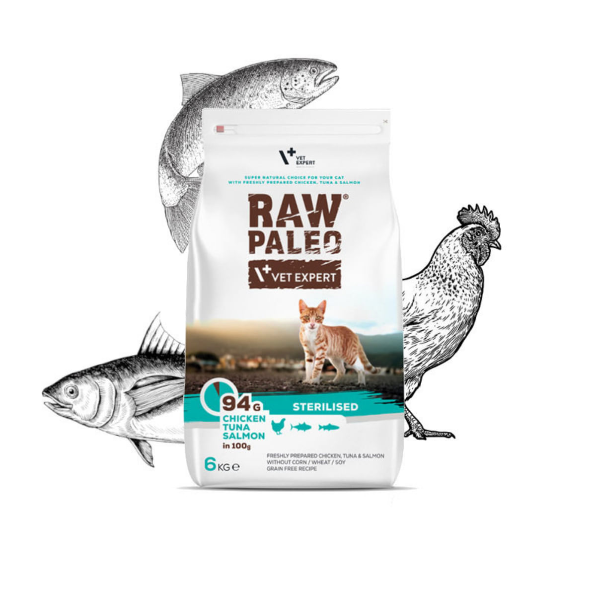 RAW PALEO Sterilised Pui, Ton și Somon, hrană uscată fără cereale pisici sterilizate, 6kg - 1 | YEO