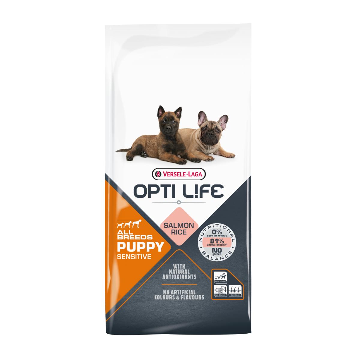 VERSELE LAGA Opti Life Puppy Sensitive, XS-XL, Somon, hrană uscată câini junior, alergii, 12.5kg - 1 | YEO