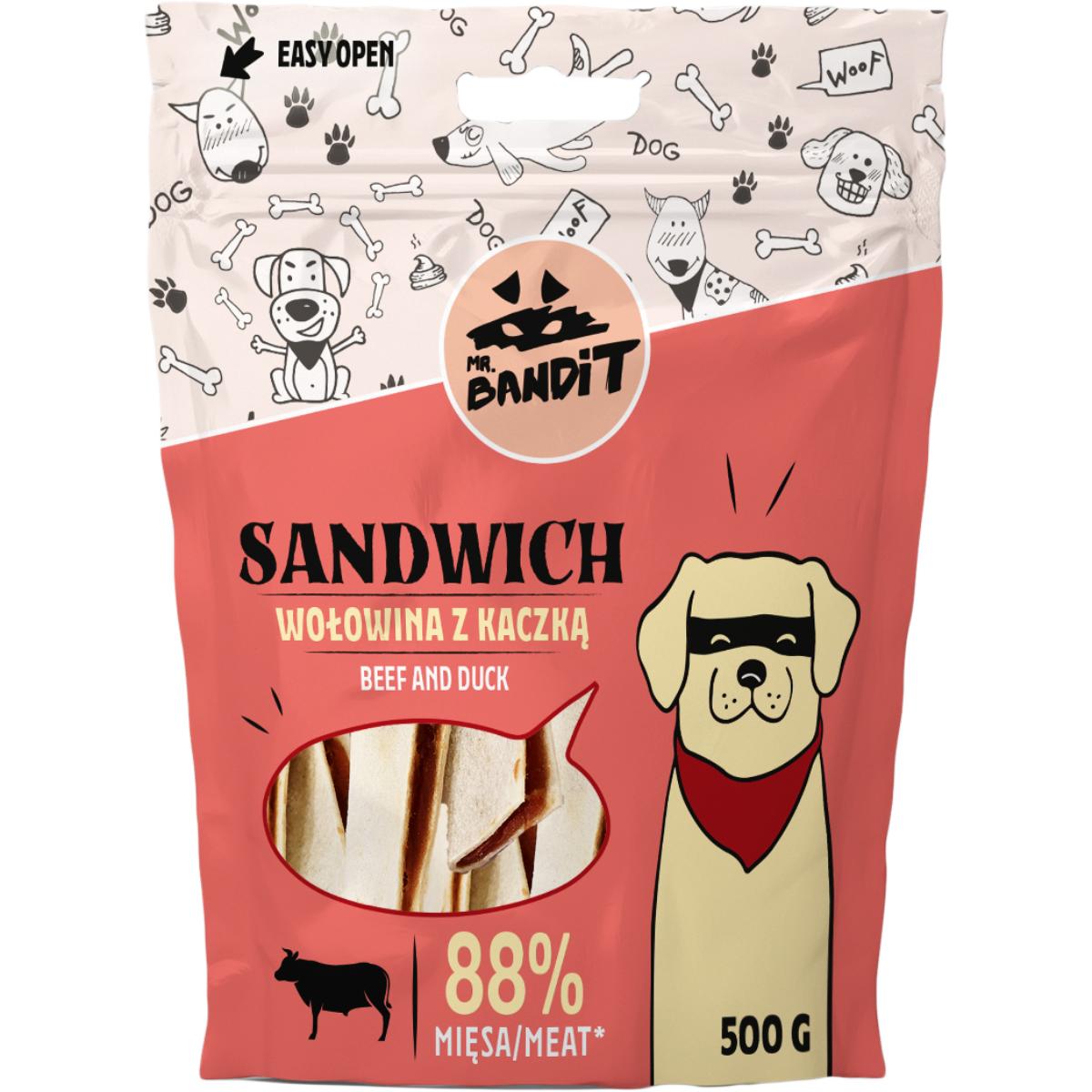 MR BANDIT Sandwich , XS-XL, Vită și Rață, punguță recompense câini, 500g