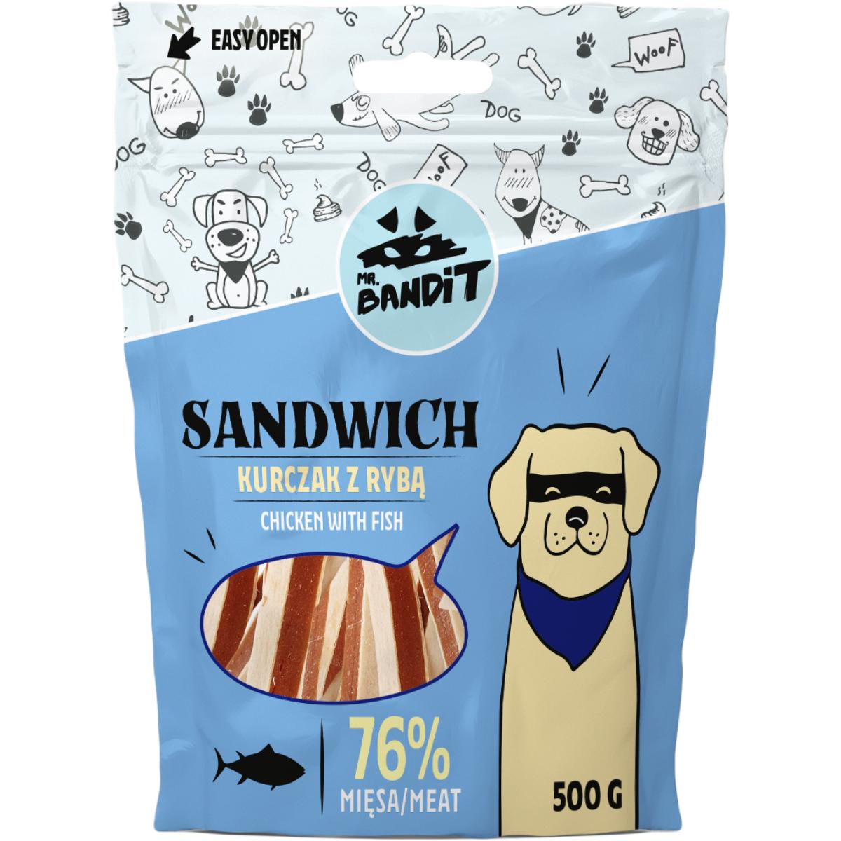 MR BANDIT Sandwich, XS-XL, Pui și Pește, punguță recompense câini, 500g