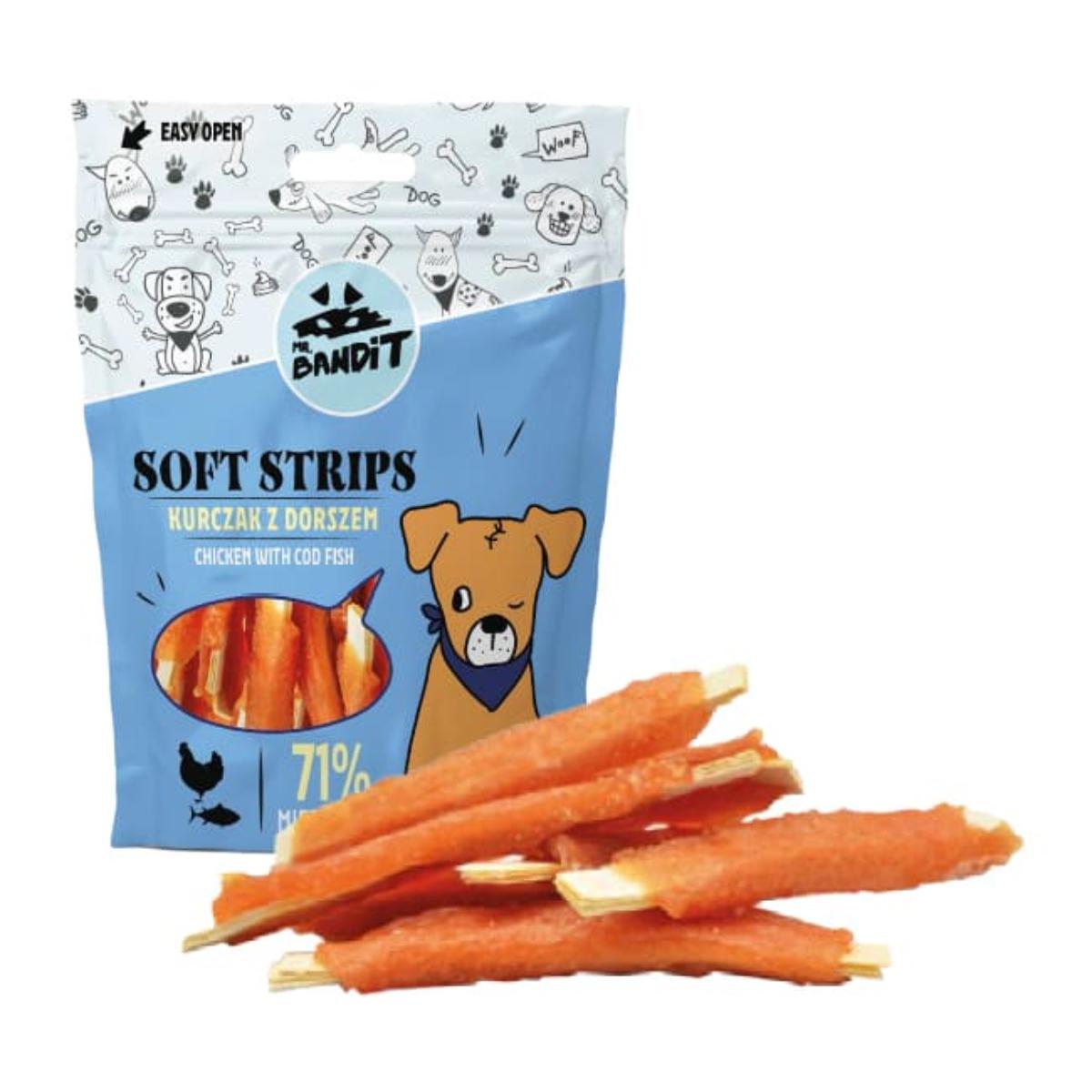 MR BANDIT Soft Strips, XS-XL, Pui și Cod, punguță recompense fără cereale câini, 500g