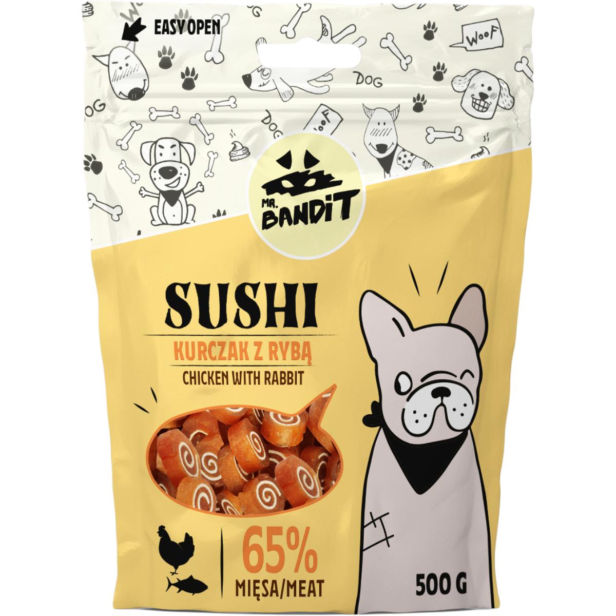 MR BANDIT Sushi, XS-XL, Pui și Pește, punguță recompense câini, 80g