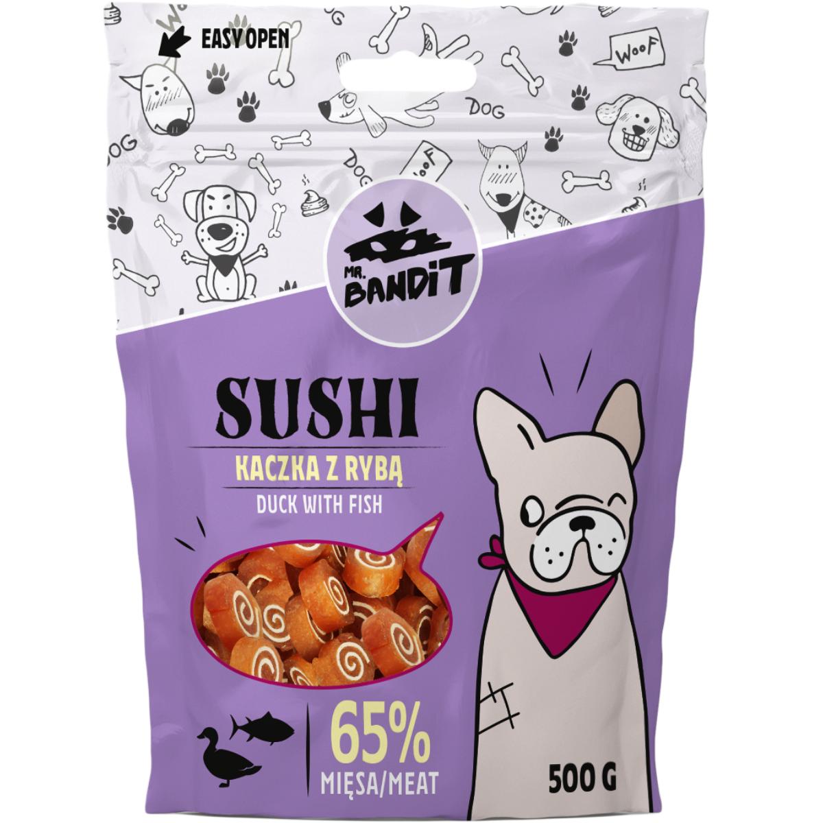 MR BANDIT Sushi, XS-XL, Rață și Pește, punguță recompense câini, 80g