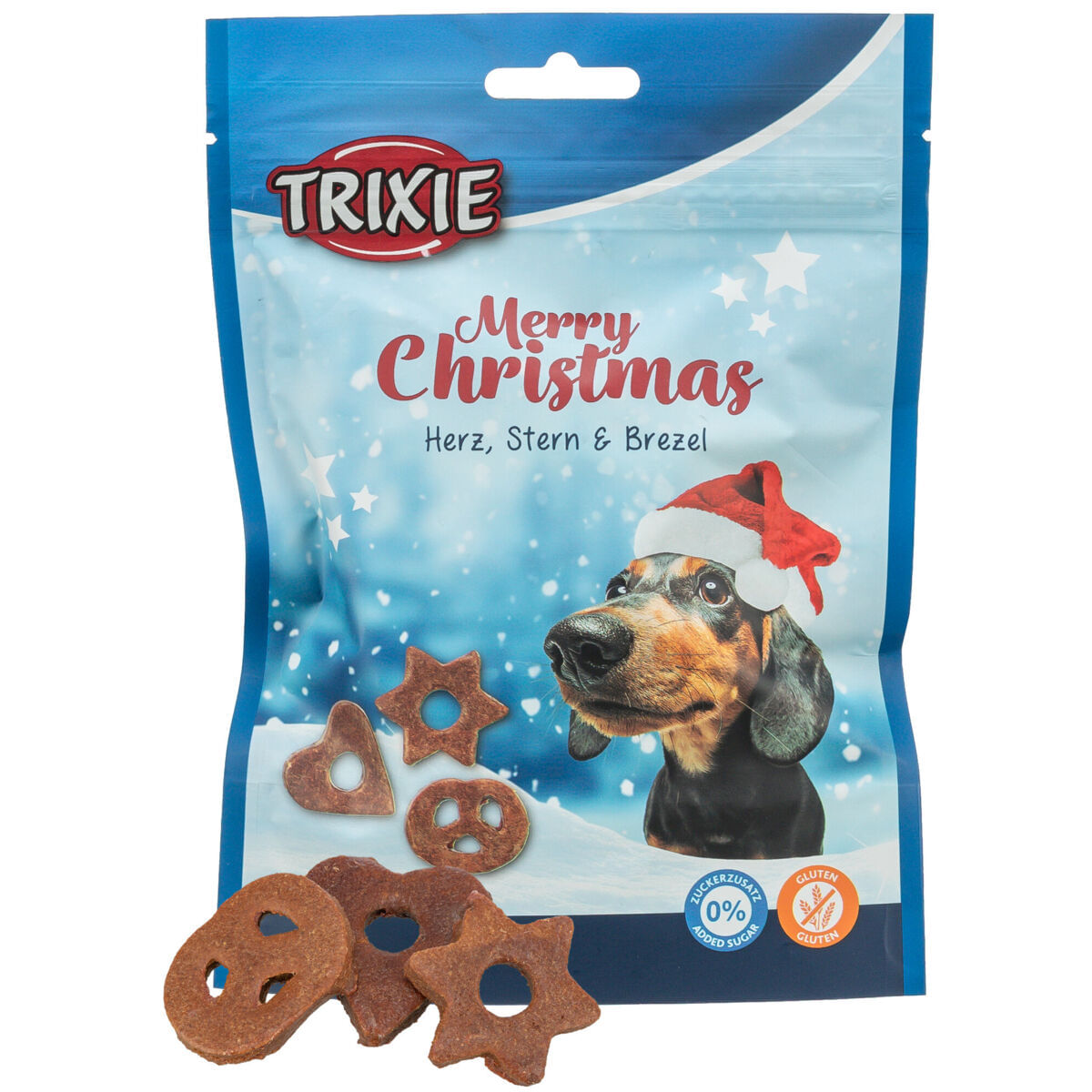 TRIXIE Christmas Fursecuri Inimioara Stea si Covrig, XS-XL, Pui și Ficat, punguță recompense câini, 120g