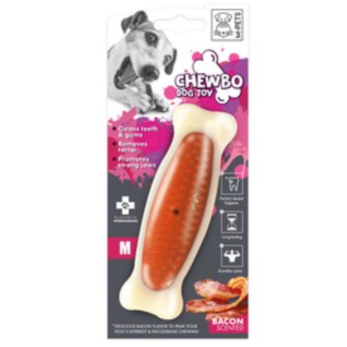 M-PETS Chewbo Bone, jucărie de ros, aromă Bacon, câini, dentiție, cauciuc M-PETS Chewbo Bone, jucărie de ros, aromă Bacon, câini S-M, dentiție, cauciuc, alb și portocaliu, 14cm