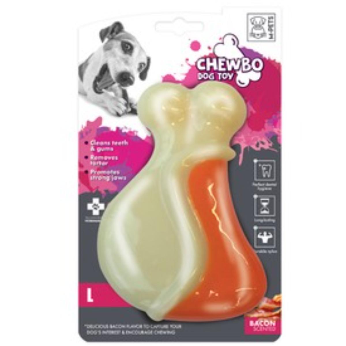 M-PETS Chewbo Leg, jucărie de ros, aromă Bacon, câini, dentiție, cauciuc M-PETS Chewbo Leg, jucărie de ros, aromă Bacon, câini M-L, dentiție, cauciuc, alb și portocaliu, 9.3cm - 1 | YEO