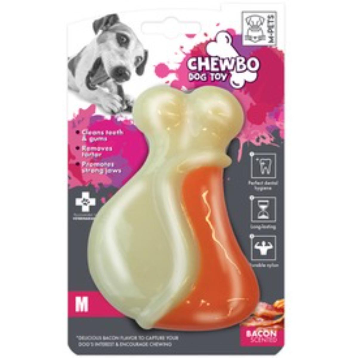 M-PETS Chewbo Leg, jucărie de ros, aromă Bacon, câini, dentiție, cauciuc M-PETS Chewbo Leg, jucărie de ros, aromă Bacon, câini S-M, dentiție, cauciuc, alb și portocaliu, 7.8cm