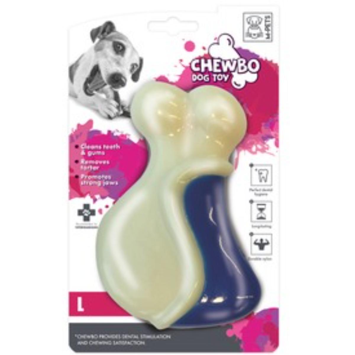 M-PETS Chewbo Leg, jucărie de ros, aromă Bacon, câini, dentiție, cauciuc M-PETS Chewbo Leg, jucărie de ros, aromă Bacon, câini M-L, dentiție, cauciuc, alb și albastru, 9.3cm