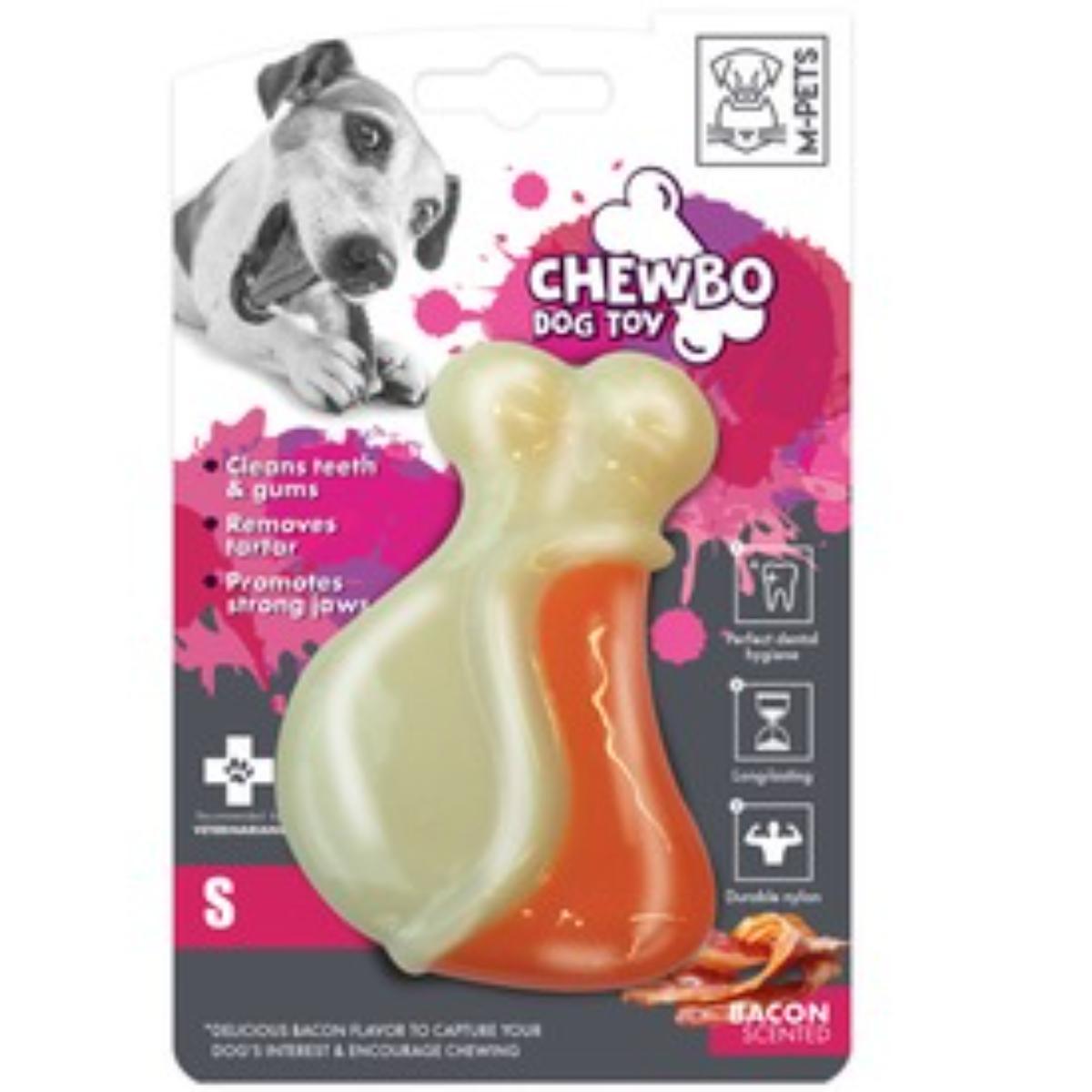 M-PETS Chewbo Leg, jucărie de ros, aromă Bacon, câini, dentiție, cauciuc M-PETS Chewbo Leg, jucărie de ros, aromă Bacon, câini XS-S, dentiție, cauciuc, alb și portocaliu, 6.3cm