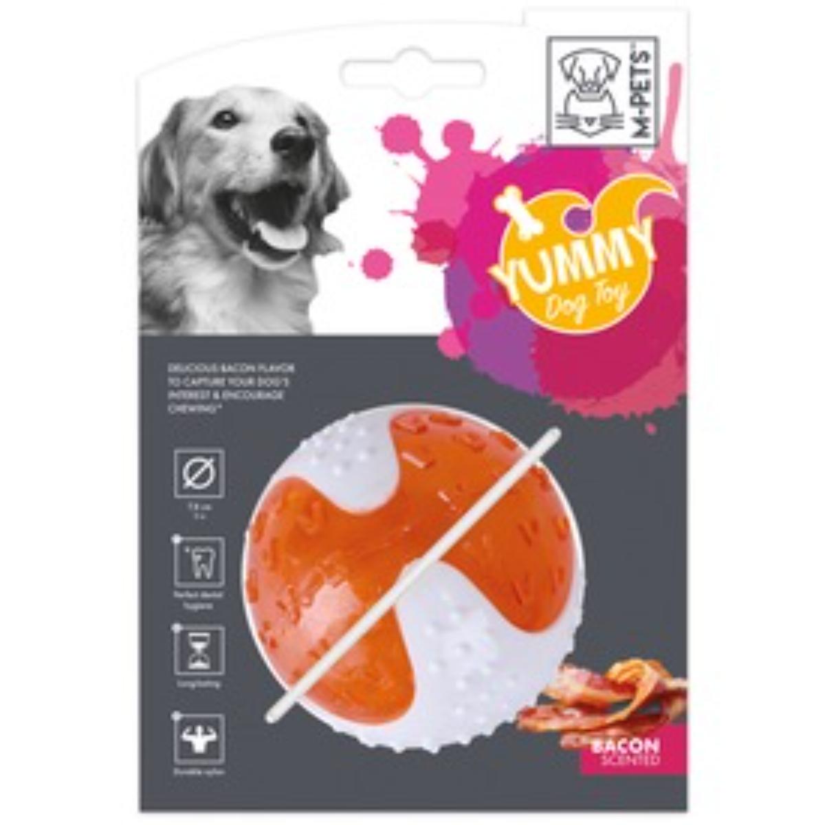 M-PETS Yummy Toy, jucărie minge, aromă Bacon, câini S-L, dentiție, cauciuc, alb și portocaliu, ⌀7.8cm - 1 | YEO