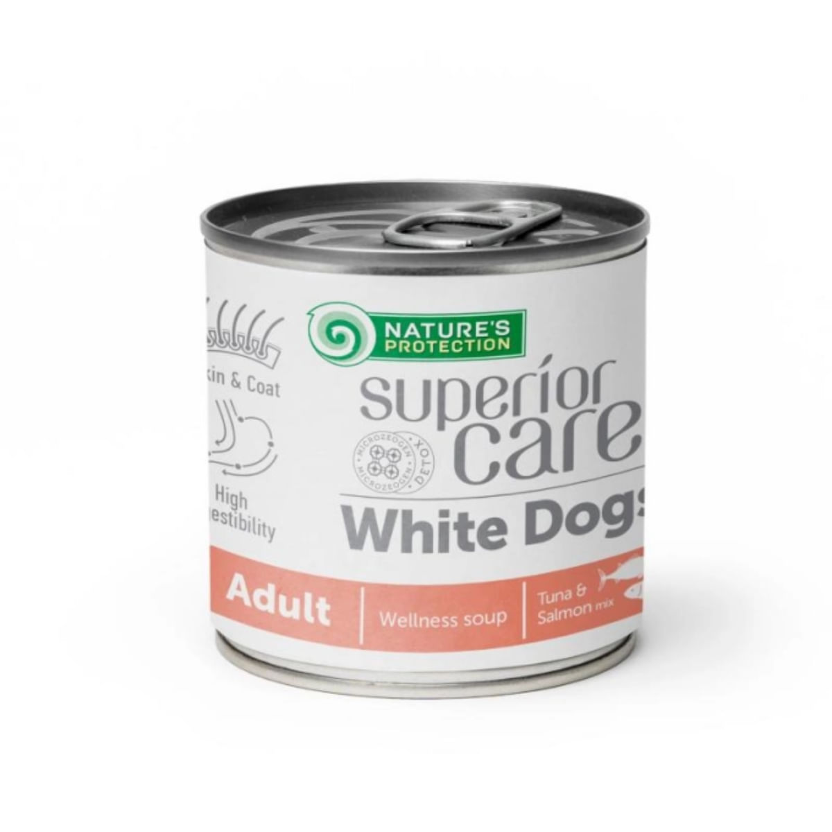 NATURES PROTECTION Superior Care White Dogs, XS-XL, Ton și Somon, conservă hrană lichidă fără cereale câini, piele & blană, bax, 140ml x 12buc