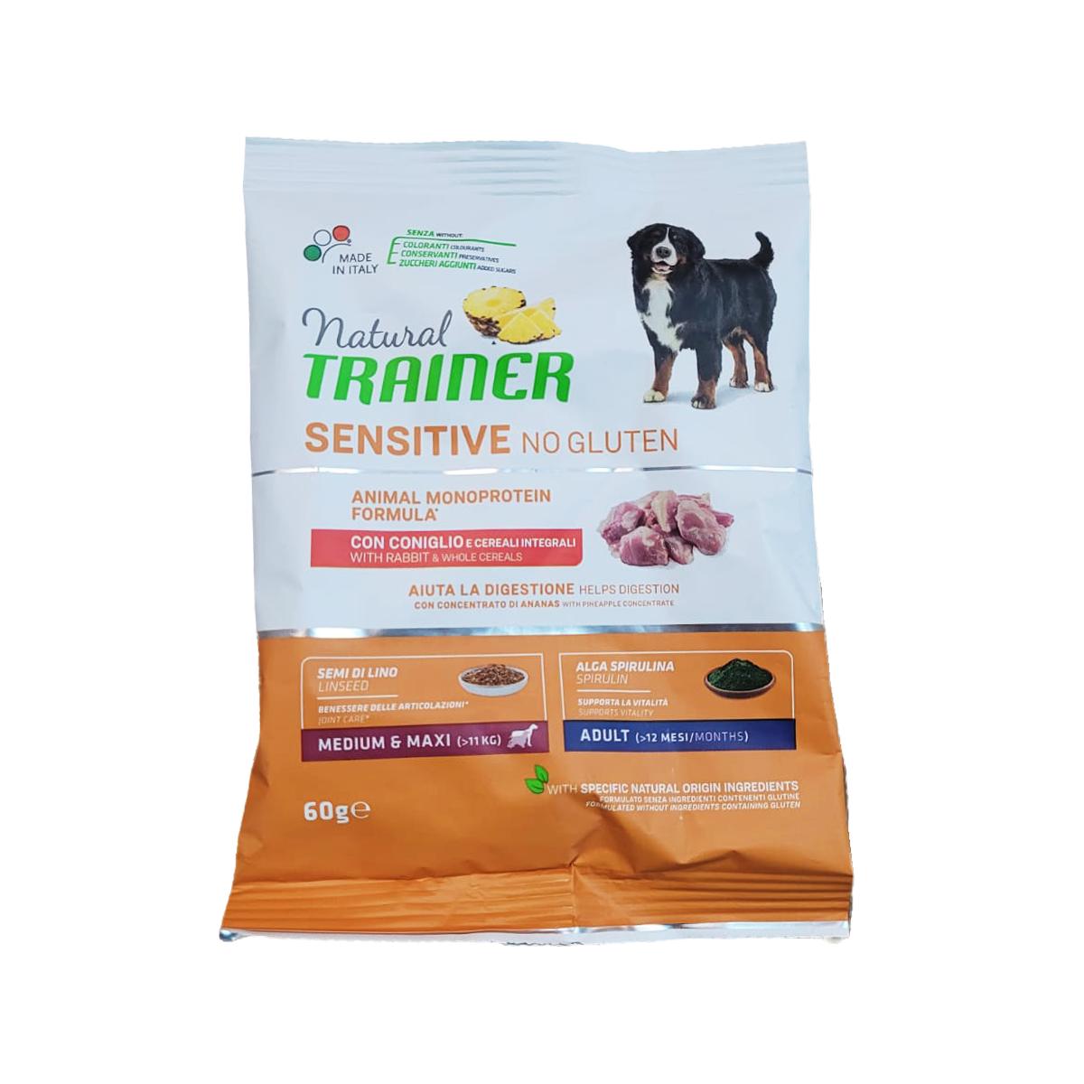 MOSTRA NATURAL TRAINER Sensitive No Gluten, M-XL, Iepure, hrană uscată monoproteică câini, sistem digestiv, 60g
