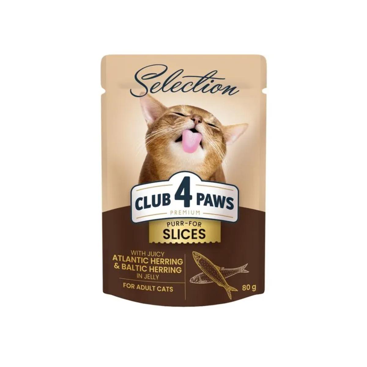 CLUB 4 PAWS Premium Plus Selection, Hering, plic hrană umedă pisici, (în aspic), 80g x 12buc