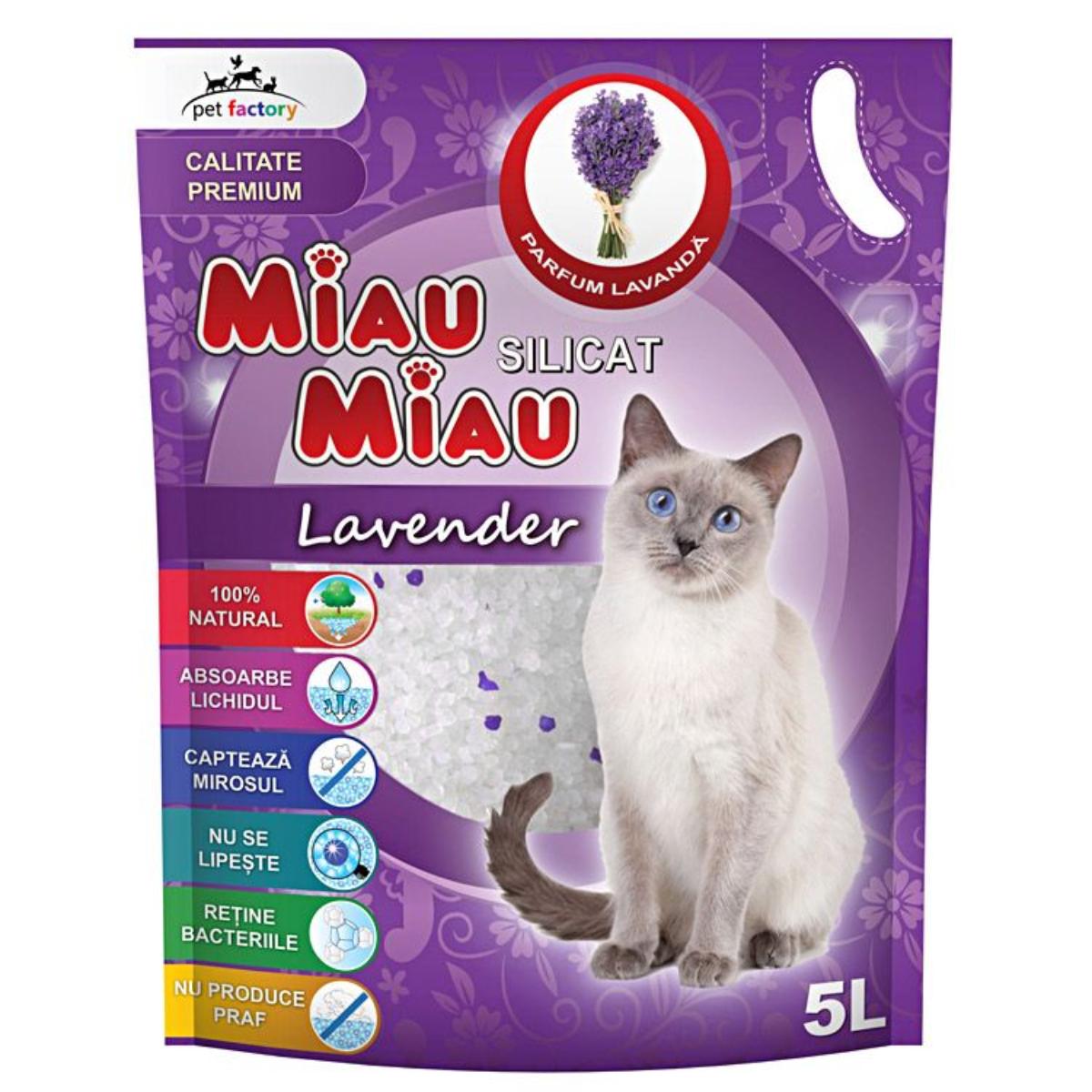 MIAU MIAU, Lavanda, așternut igienic pisici, granule, silicat, neaglomerant, neutralizare mirosuri, 5l - 1 | YEO